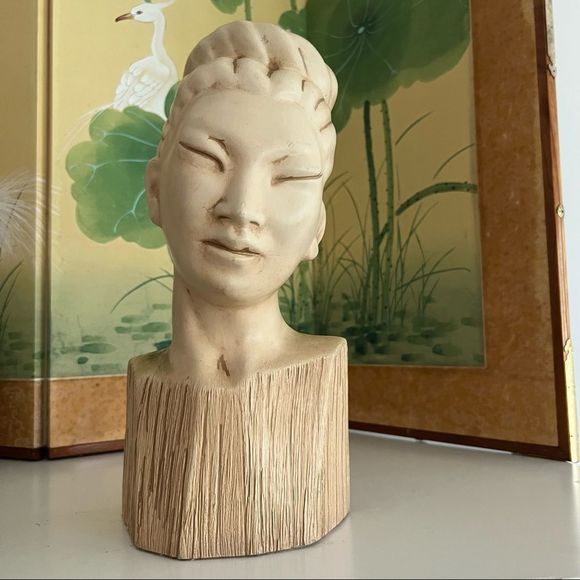 Vintage MCM Boho Asian Lady Bust Head Statue 14”H Mid Century Modern